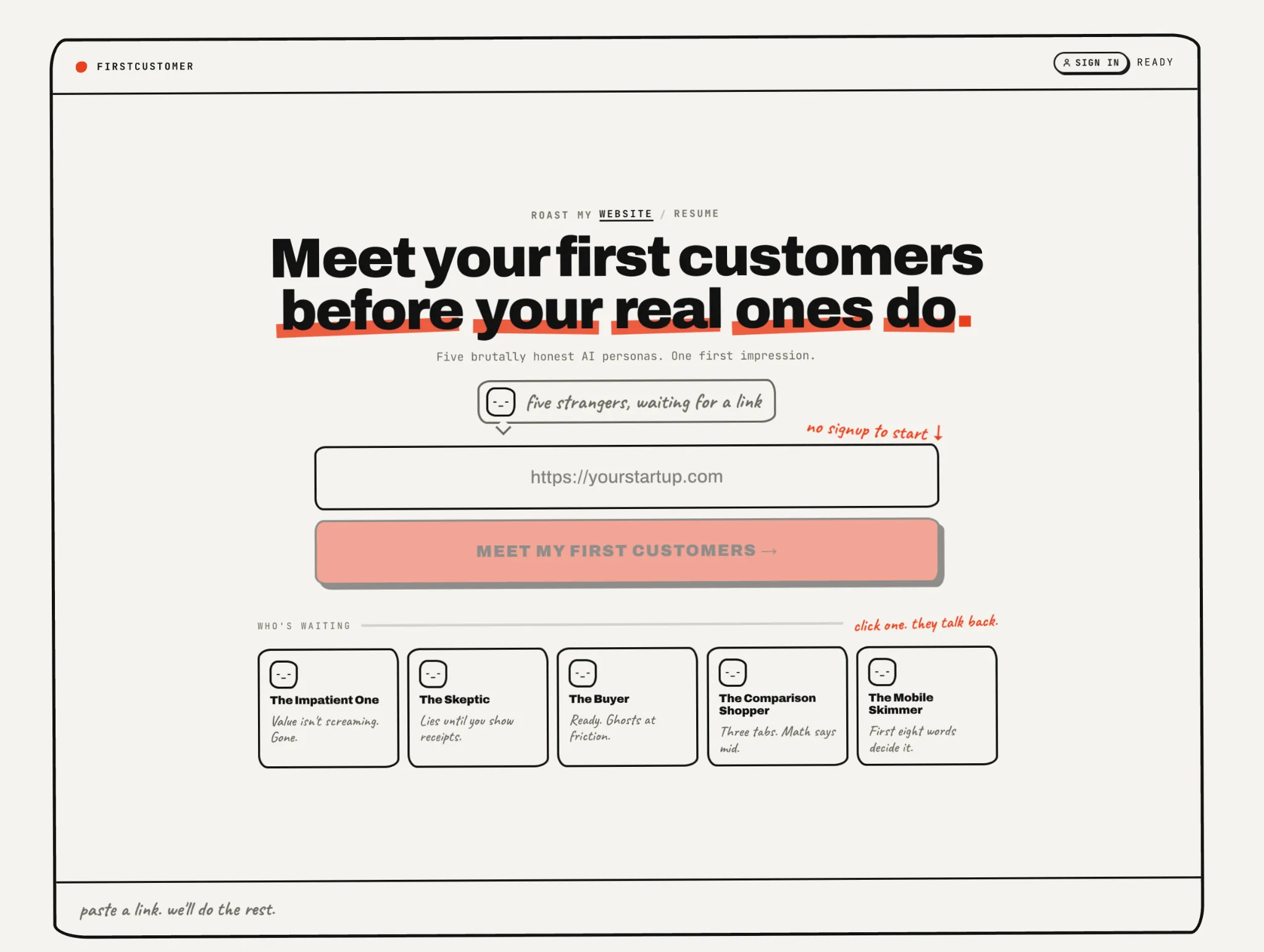 The FirstCustomer landing page, showing the website review form and five customer personas